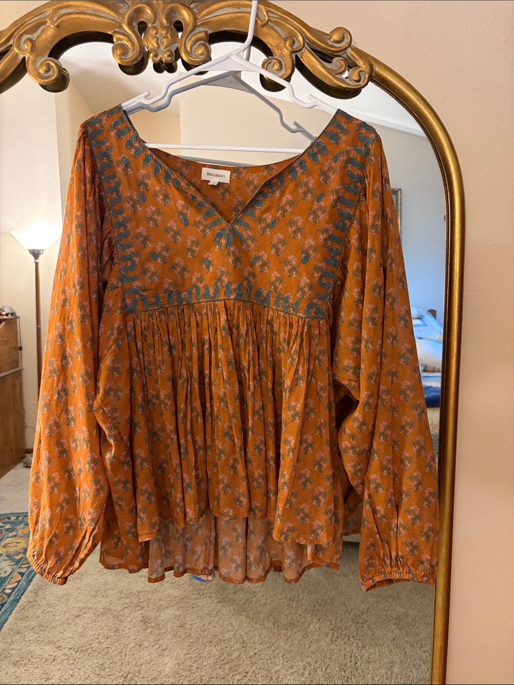 Cost Plus World Market Orange Floral Boho Peasant Blouse with Teal Accents